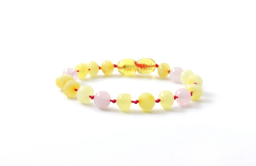 Baltic Amber Necklaces & Amber Bracelets Zebra Babies | Amber Bracelet Milky Polished, Raw & Rose Quartz | Baby 14Cm