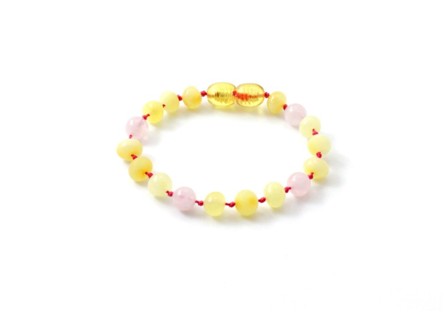 Baltic Amber Necklaces & Amber Bracelets Zebra Babies | Amber Bracelet Milky Polished, Raw & Rose Quartz | Baby 14Cm