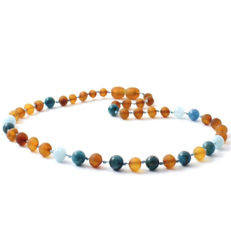 Baltic Amber Necklaces & Amber Bracelets Zebra Babies | Amber Necklace Cognac Raw, Apatite And Aquamarine | Baby 32Cm