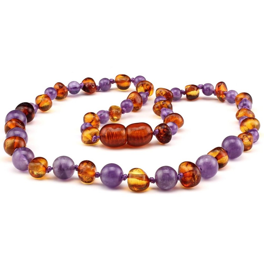 Baltic Amber Necklaces & Amber Bracelets Zebra Babies | Amber Necklace Cognac & Amethyst | Baby 32Cm