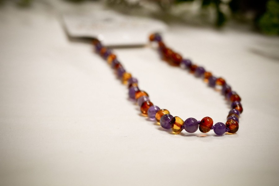 Baltic Amber Necklaces & Amber Bracelets Zebra Babies | Amber Necklace Cognac & Amethyst | Baby 32Cm