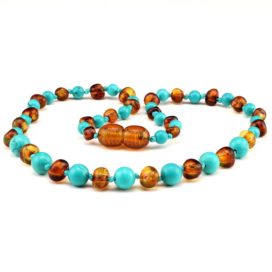 Baltic Amber Necklaces & Amber Bracelets Zebra Babies | Amber Necklace Cognac & Turquoise | Baby 32Cm