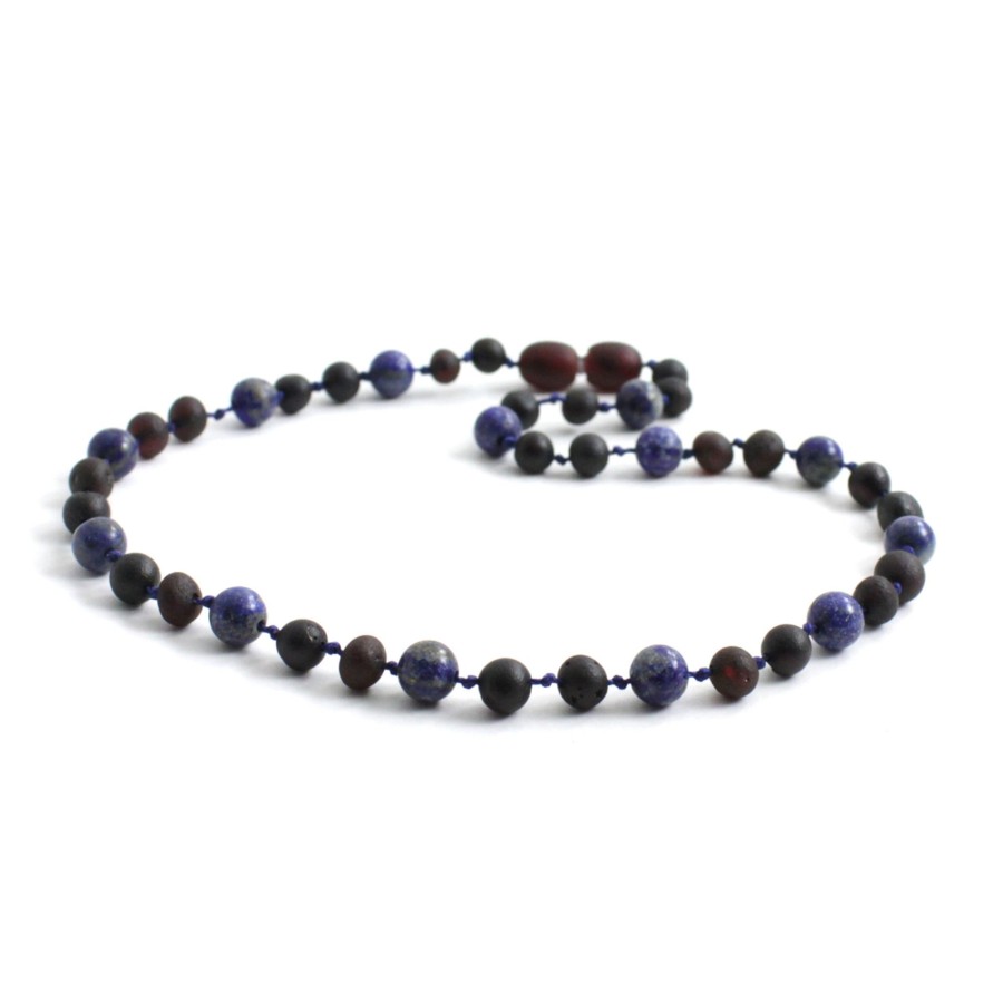 Baltic Amber Necklaces & Amber Bracelets Zebra Babies | Amber Necklace Cherry, Cherry Raw & Lapis Lazuli | Baby 32Cm