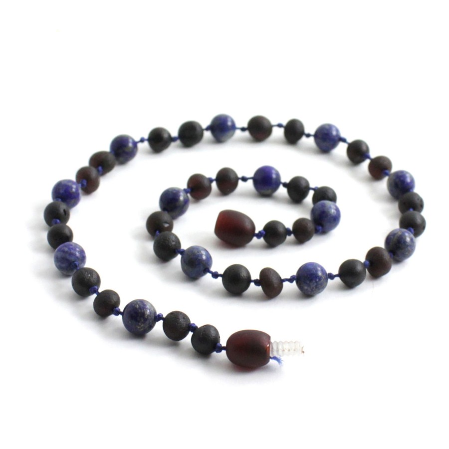 Baltic Amber Necklaces & Amber Bracelets Zebra Babies | Amber Necklace Cherry, Cherry Raw & Lapis Lazuli | Baby 32Cm