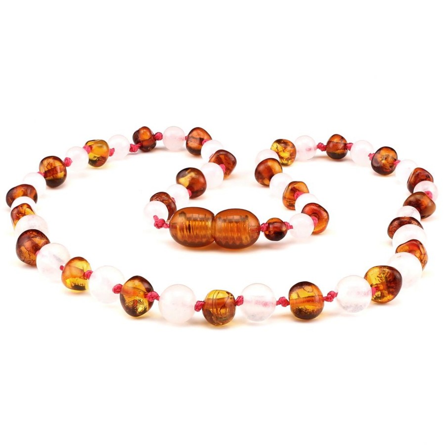 Baltic Amber Necklaces & Amber Bracelets Zebra Babies | Amber Necklace Cognac & Rose Quartz | Baby 32Cm