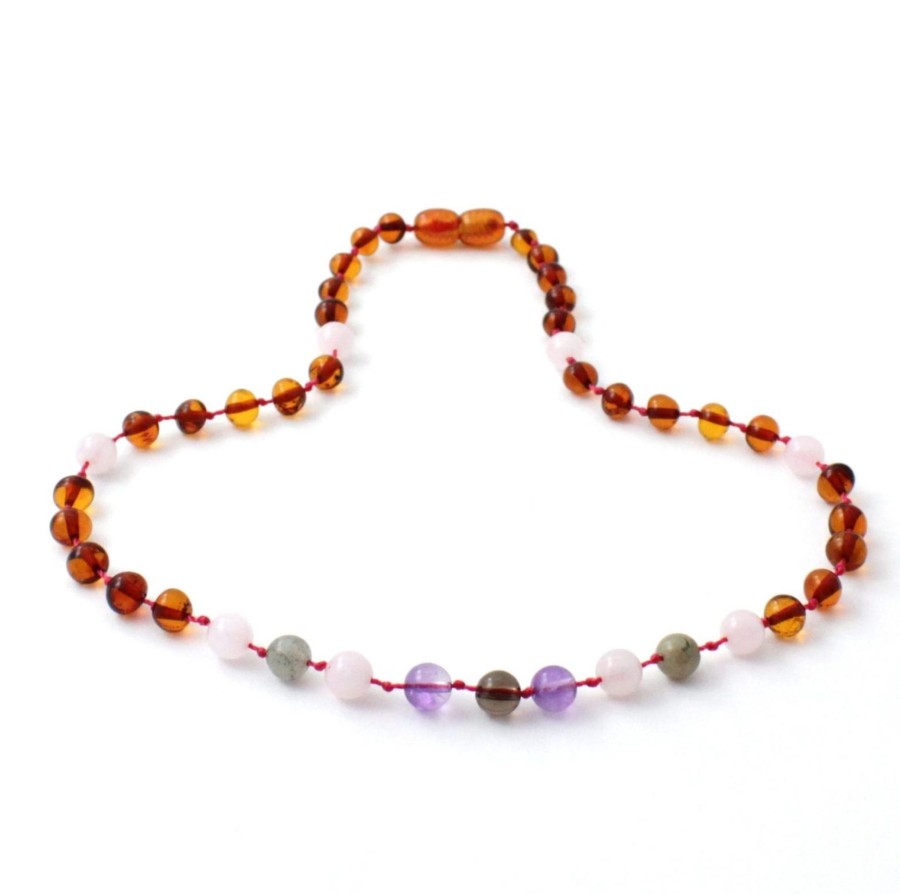 Baltic Amber Necklaces & Amber Bracelets Zebra Babies | Amber Necklace Cognac, Rose Quartz, Smoky Quartz, Labradorite And Amethyst | Baby 32Cm