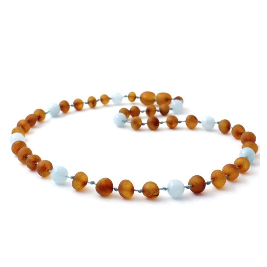 Baltic Amber Necklaces & Amber Bracelets Zebra Babies | Amber Necklace Cognac Raw & Aquamarine | Baby 32Cm