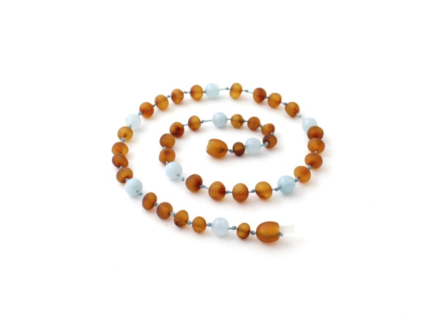 Baltic Amber Necklaces & Amber Bracelets Zebra Babies | Amber Necklace Cognac Raw & Aquamarine | Baby 32Cm