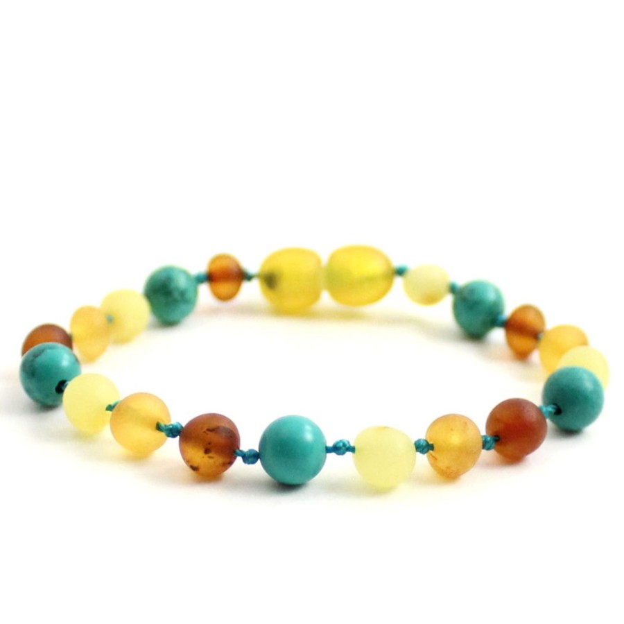 Baltic Amber Necklaces & Amber Bracelets Zebra Babies | Amber Bracelet Multi Raw & Turquoise | Baby 14Cm