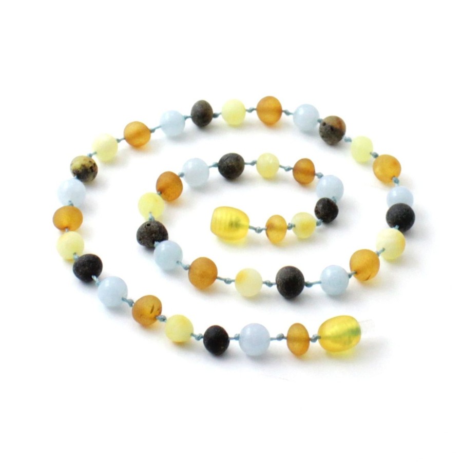 Baltic Amber Necklaces & Amber Bracelets Zebra Babies | Amber Necklace Multi Raw Aquamarine | 32Cm