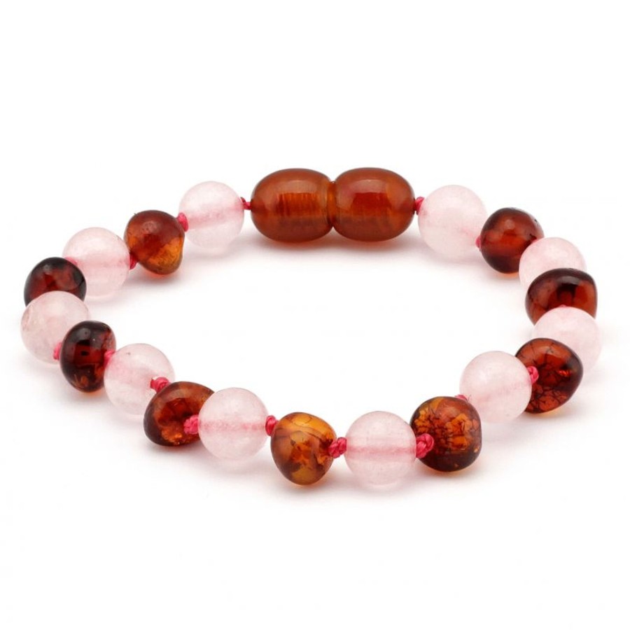 Baltic Amber Necklaces & Amber Bracelets Zebra Babies | Amber Bracelet Cognac & Rose Quartz | Baby 14Cm