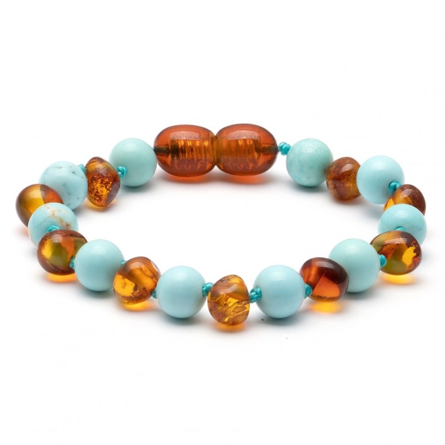 Baltic Amber Necklaces & Amber Bracelets Zebra Babies | Amber Bracelet Cognac & Turquoise | Baby 14Cm