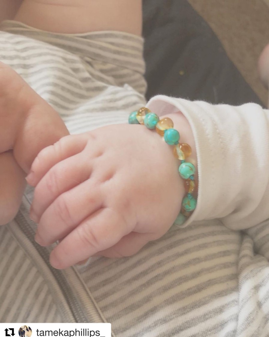 Baltic Amber Necklaces & Amber Bracelets Zebra Babies | Amber Bracelet Cognac & Turquoise | Baby 14Cm