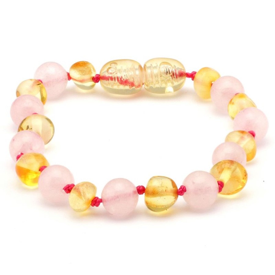 Baltic Amber Necklaces & Amber Bracelets Zebra Babies | Amber Bracelet Lemon & Rose Quartz | Baby 14Cm