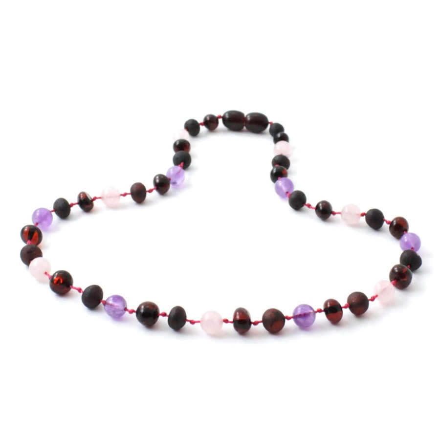 Baltic Amber Necklaces & Amber Bracelets Zebra Babies | Amber Necklace Cherry, Rose Quartz & Amethyst | Baby 32Cm