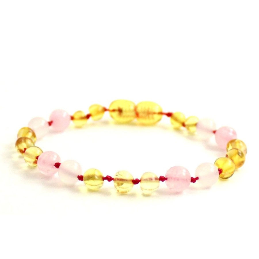 Baltic Amber Necklaces & Amber Bracelets Zebra Babies | Amber Bracelet Lemon Mix & Rose Quartzii | Baby 14Cm