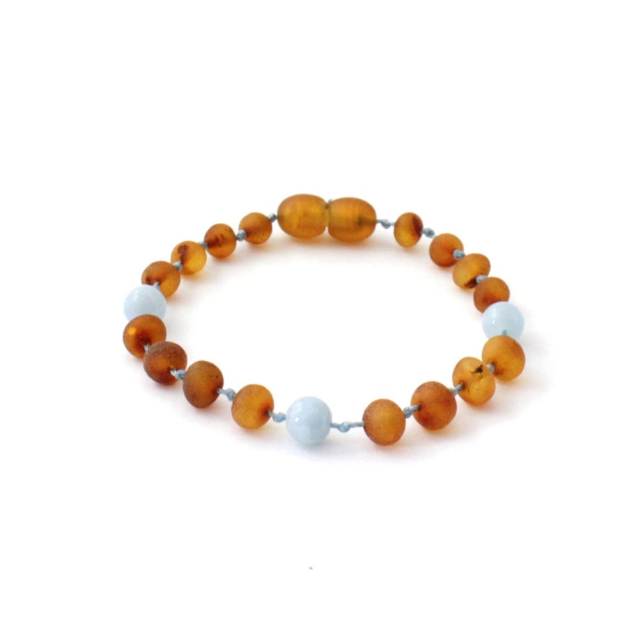 Baltic Amber Necklaces & Amber Bracelets Zebra Babies | Amber Bracelet Cognac Raw & Aquamarine | Baby 14Cm