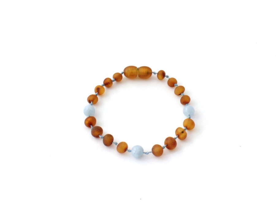 Baltic Amber Necklaces & Amber Bracelets Zebra Babies | Amber Bracelet Cognac Raw & Aquamarine | Baby 14Cm