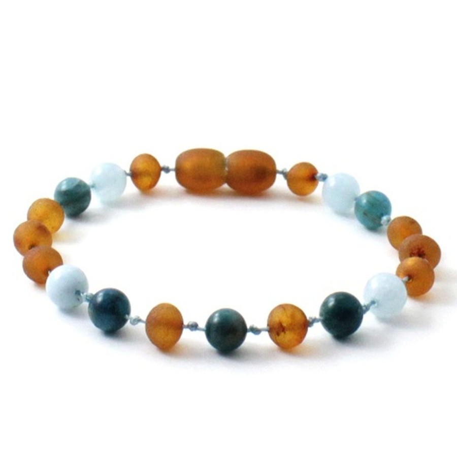 Baltic Amber Necklaces & Amber Bracelets Zebra Babies | Amber Bracelet Cognac Raw, Apatite And Aquamarine | Baby 14Cm