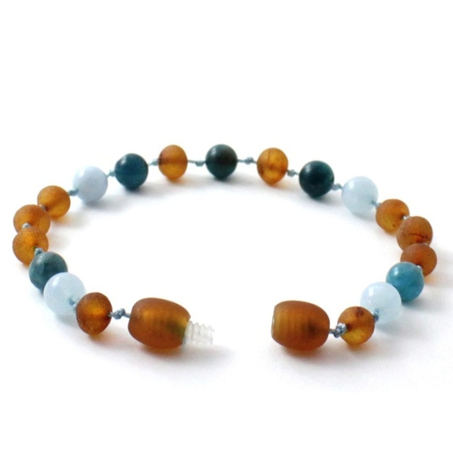 Baltic Amber Necklaces & Amber Bracelets Zebra Babies | Amber Bracelet Cognac Raw, Apatite And Aquamarine | Baby 14Cm