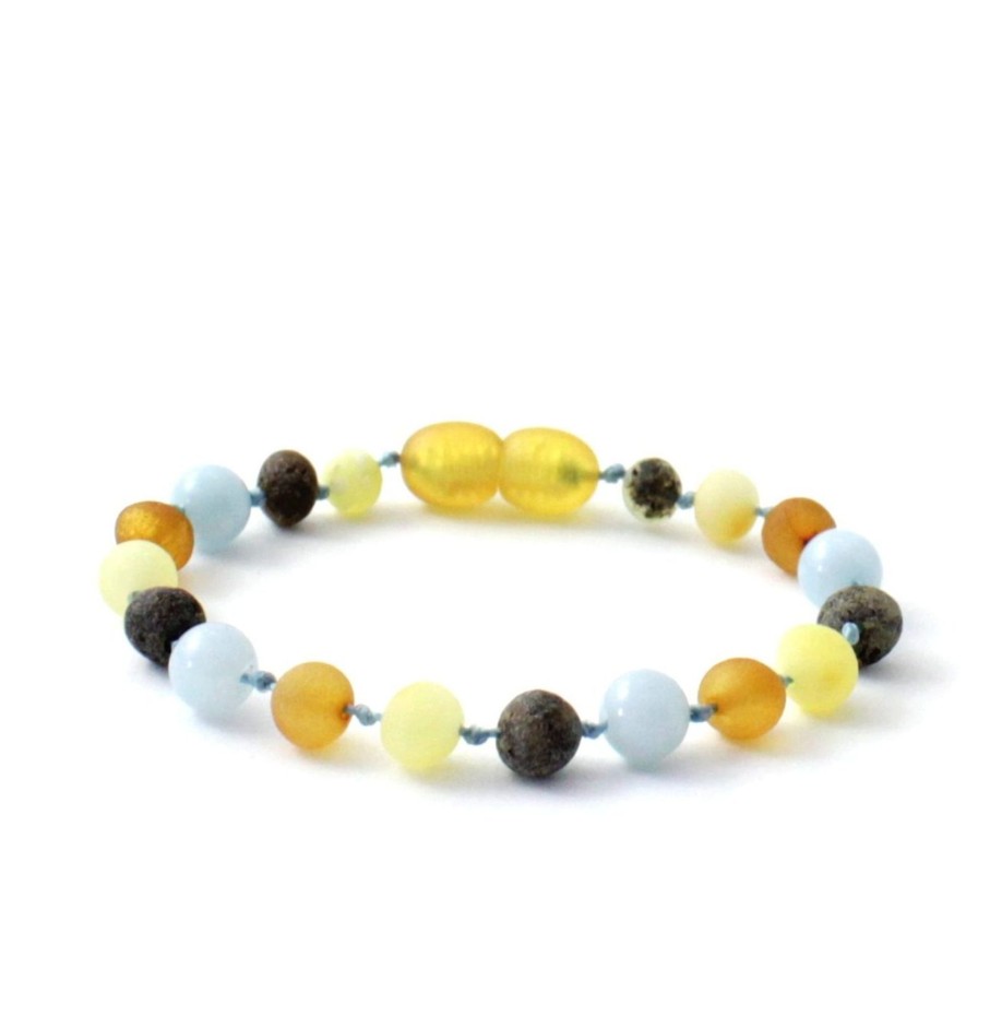 Baltic Amber Necklaces & Amber Bracelets Zebra Babies | Amber Bracelet Multi Raw & Aquamarine | 14Cm