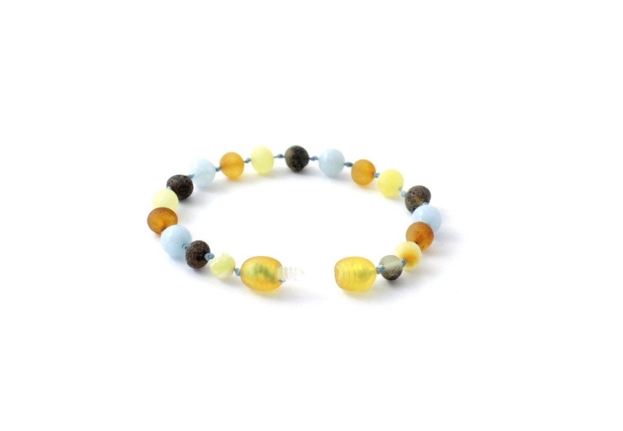 Baltic Amber Necklaces & Amber Bracelets Zebra Babies | Amber Bracelet Multi Raw & Aquamarine | 14Cm