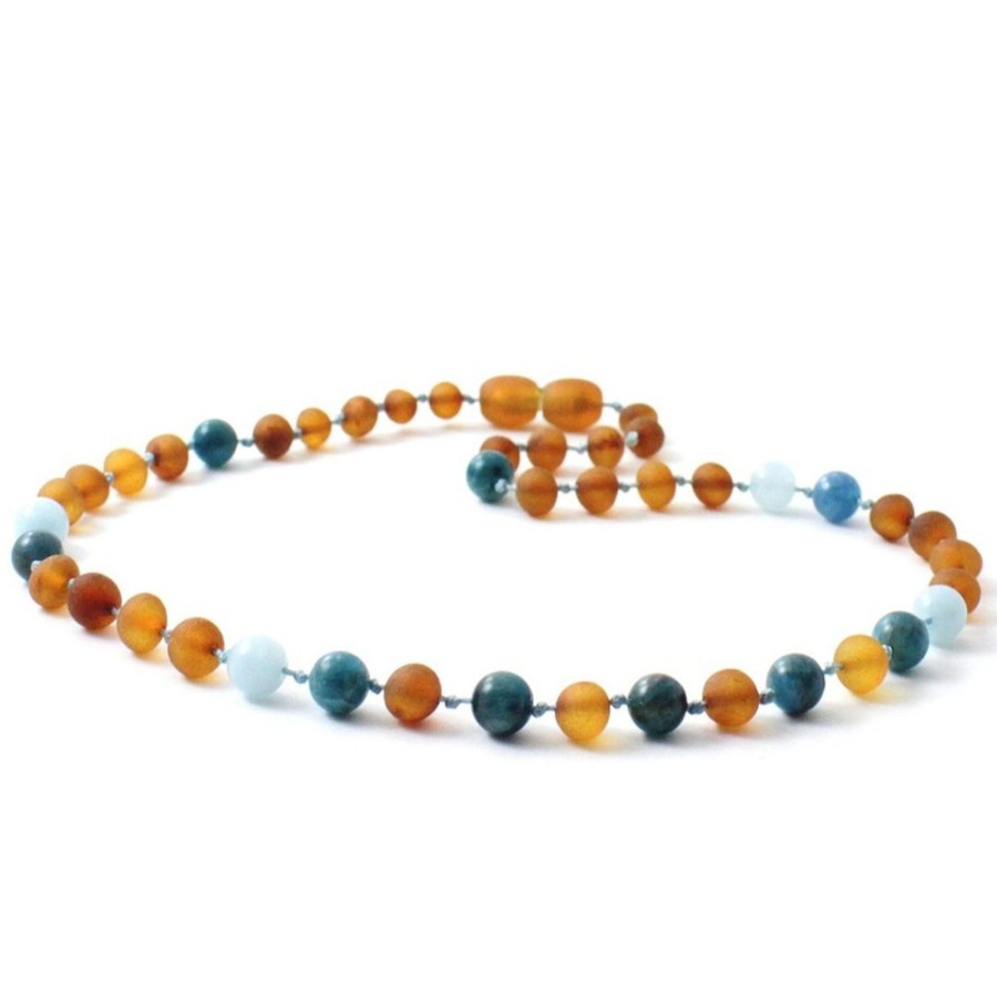 Baltic Amber Necklaces & Amber Bracelets Zebra Babies | Amber Necklace Cognac Raw, Apatite And Aquamarine | Baby 36Cm