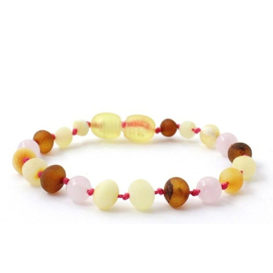 Baltic Amber Necklaces & Amber Bracelets Zebra Babies | Amber Bracelet Multi Raw & Rose Quartz | Baby 14Cm