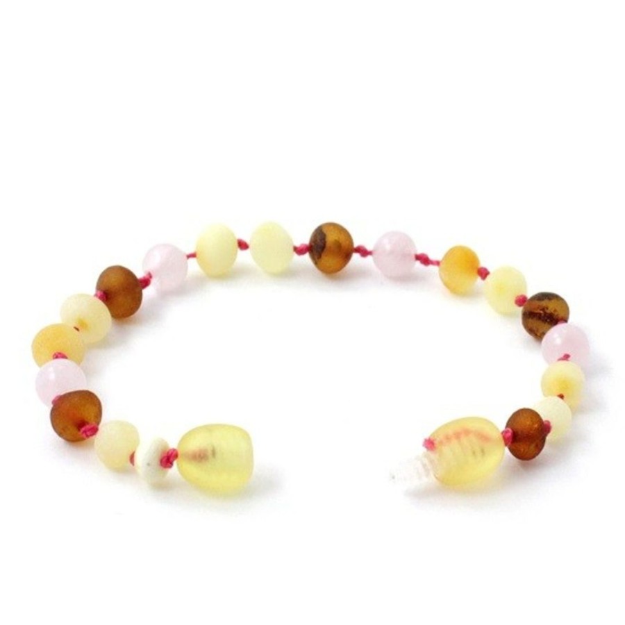 Baltic Amber Necklaces & Amber Bracelets Zebra Babies | Amber Bracelet Multi Raw & Rose Quartz | Baby 14Cm