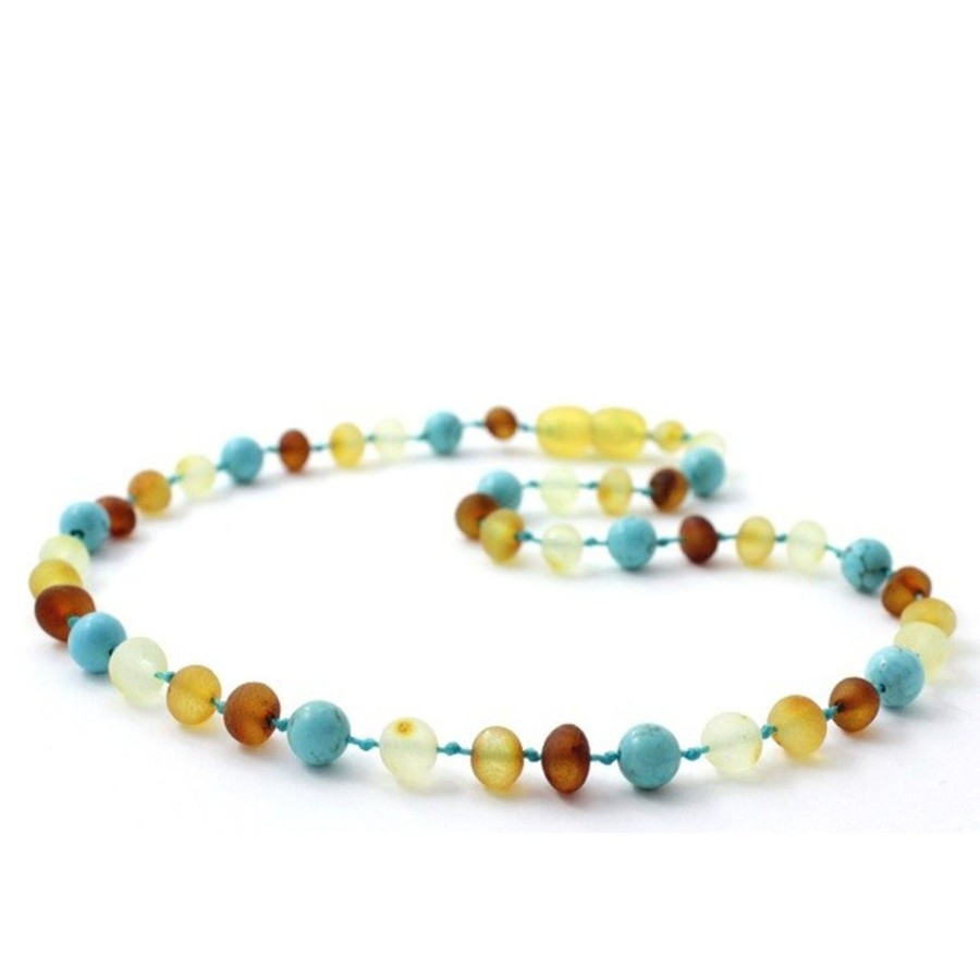 Baltic Amber Necklaces & Amber Bracelets Zebra Babies | Amber Necklace Multi Raw & Turquoise | Baby 32Cm