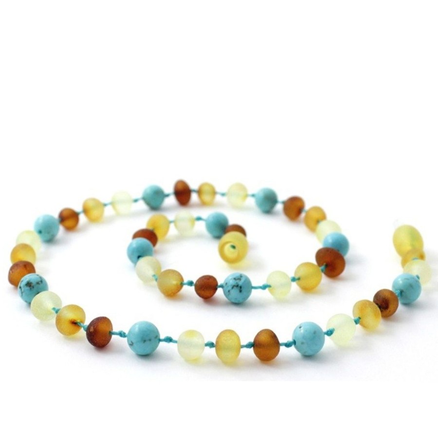 Baltic Amber Necklaces & Amber Bracelets Zebra Babies | Amber Necklace Multi Raw & Turquoise | Baby 32Cm